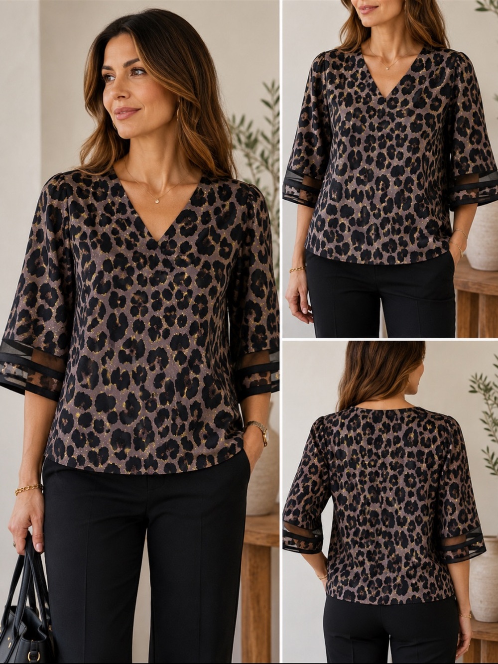 New Women's Leopard Print V-Neck Blouse in Brown and Black size large